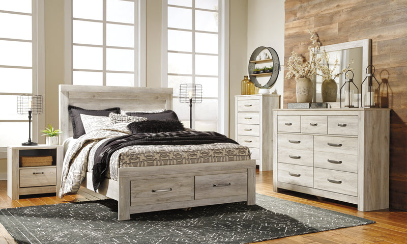 Bellaby Queen Platform Bed with 2 Storage Drawers with Mirrored Dresser, Chest and 2 Nightstands in Whitewash from Ashley - DMV Furniture