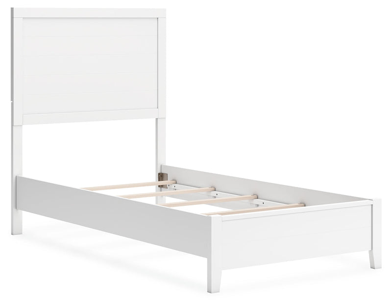 Binterglen Twin Panel Bed with Mirrored Dresser and Chest in White - PKG016603