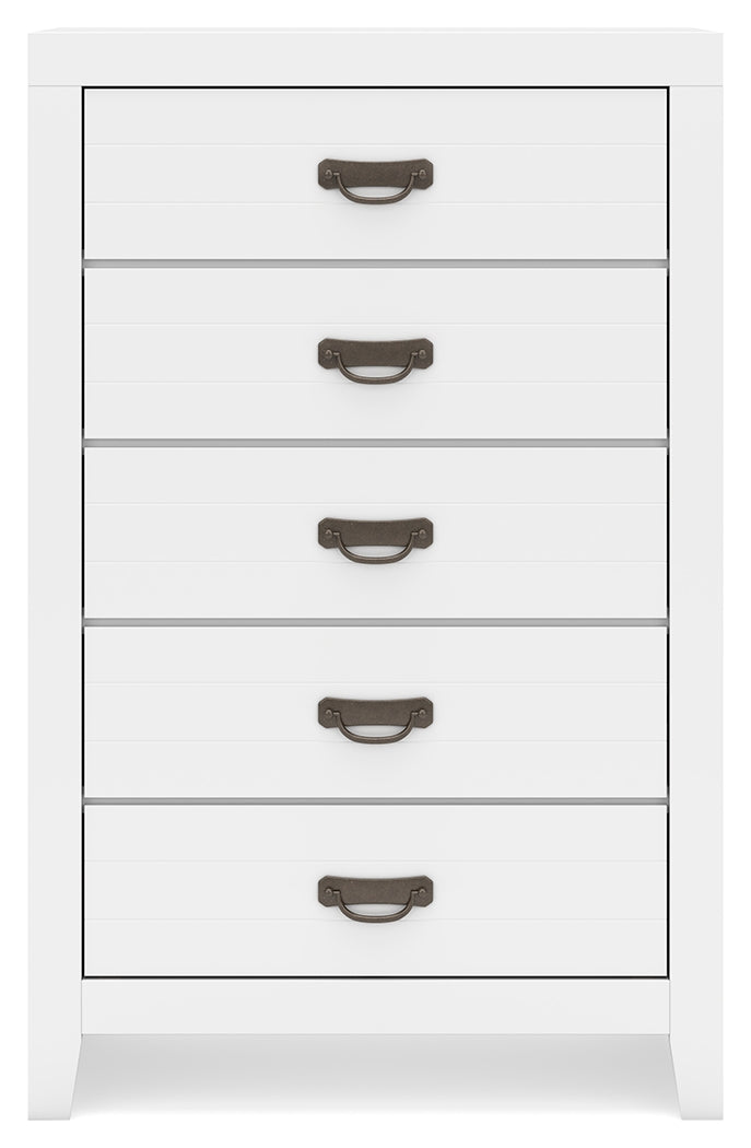 Binterglen Twin Panel Bed with Mirrored Dresser, Chest and 2 Nightstands in White - PKG016601