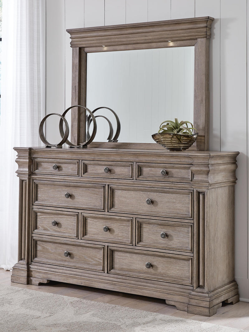 Blairhurst California King Panel Bed, Dresser, Mirror and 2 Nightstands in Light Grayish Brown - PKG017010