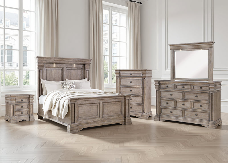 Blairhurst Queen Panel Bed with Mirrored Dresser, Chest and Nightstand in Light Grayish Brown from Ashley - DMV Furniture