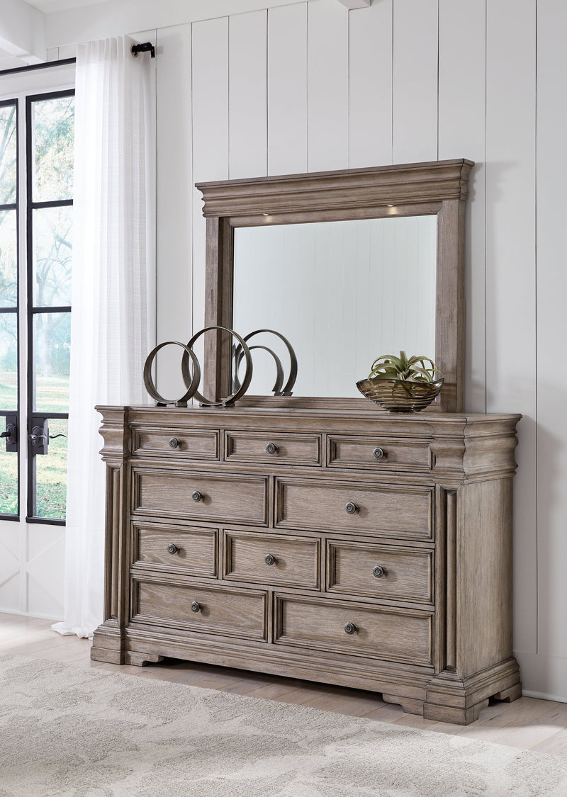 Blairhurst Queen Panel Bed with Mirrored Dresser, Chest and Nightstand in Light Grayish Brown from Ashley - DMV Furniture