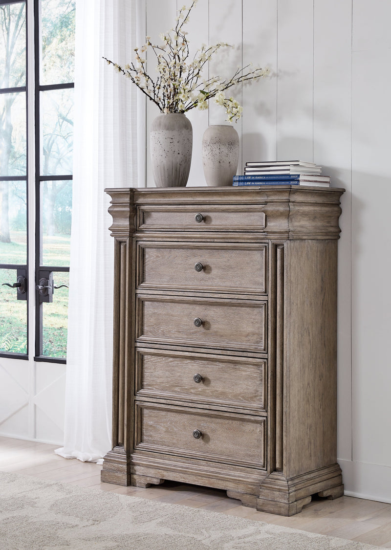 Blairhurst Queen Panel Bed with Mirrored Dresser, Chest and Nightstand in Light Grayish Brown from Ashley - DMV Furniture