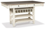 Bolanburg Antique White Counter Height Dining Table, 4 Barstools, Bench and Server - D647D32