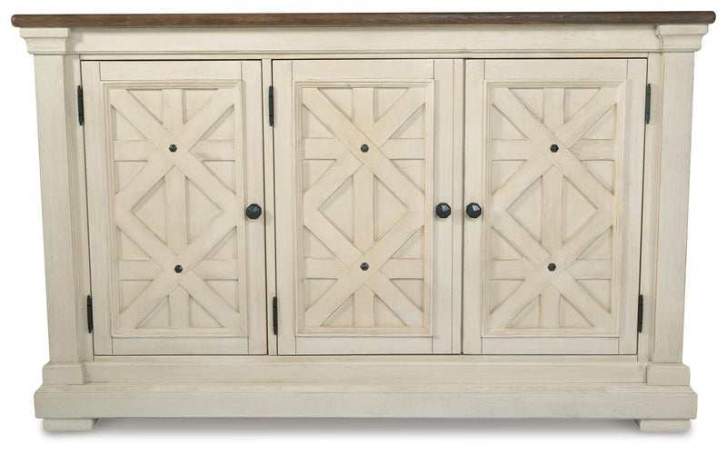Bolanburg Antique White Counter Height Dining Table, 4 Barstools, Bench and Server - D647D32
