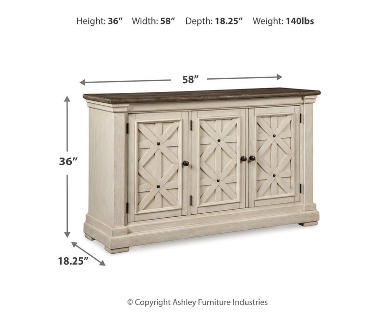 Bolanburg Antique White Counter Height Dining Table, 4 Barstools, Bench and Server - D647D32
