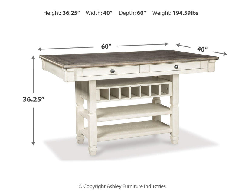 Bolanburg Antique White Counter Height Dining Table, 4 Barstools, Bench and Server - D647D32