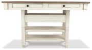 Bolanburg Antique White Counter Height Dining Table, 4 Stools, Bench and 2 Display Cabinets - D647D29