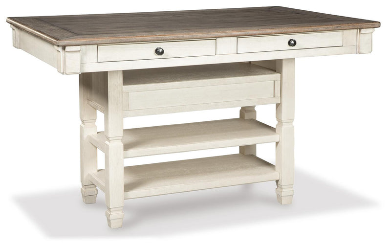 Bolanburg Antique White Counter Height Dining Table, 4 Stools, Bench and 2 Display Cabinets - D647D29