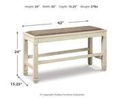 Bolanburg Antique White Counter Height Dining Table, 4 Stools, Bench and 2 Display Cabinets - D647D29