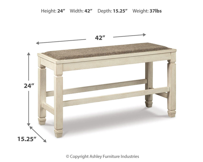 Bolanburg Antique White Counter Height Dining Table, 4 Stools, Bench and 2 Display Cabinets - D647D29