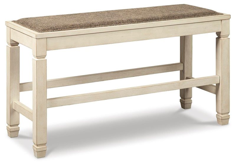 Bolanburg Antique White Counter Height Dining Table, 4 Stools, Bench and 2 Display Cabinets - D647D29