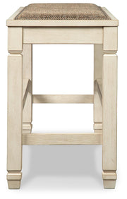Bolanburg Antique White Counter Height Dining Table, 4 Stools, Bench and 2 Display Cabinets - D647D29