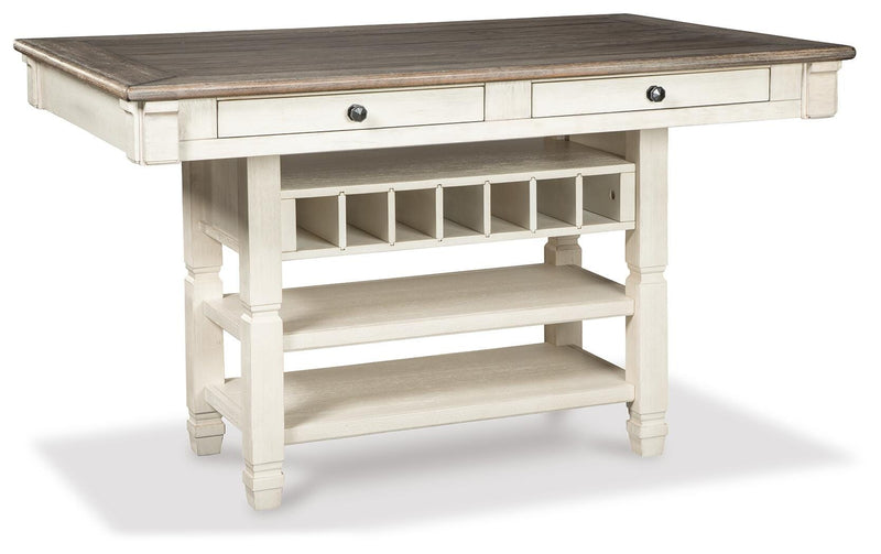 Bolanburg Antique White Counter Height Dining Table, 4 Stools, Bench and 2 Display Cabinets - D647D29