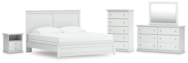 Bostwick Shoals King Panel Bed, Dresser, Mirror, Chest and Nightstand in White - PKG021584