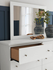 Bostwick Shoals King Panel Bed with Mirrored Dresser and Nightstand in White from Ashley - DMV Furniture