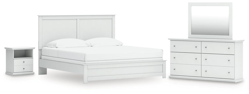 Bostwick Shoals King Panel Bed with Mirrored Dresser and Nightstand in White from Ashley - DMV Furniture