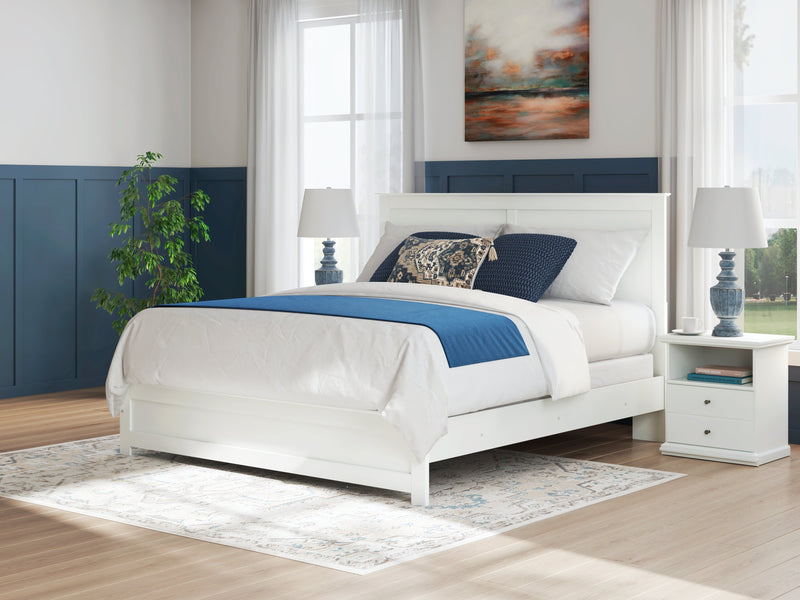 Bostwick Shoals King Panel Bed with Mirrored Dresser and Nightstand in White from Ashley - DMV Furniture