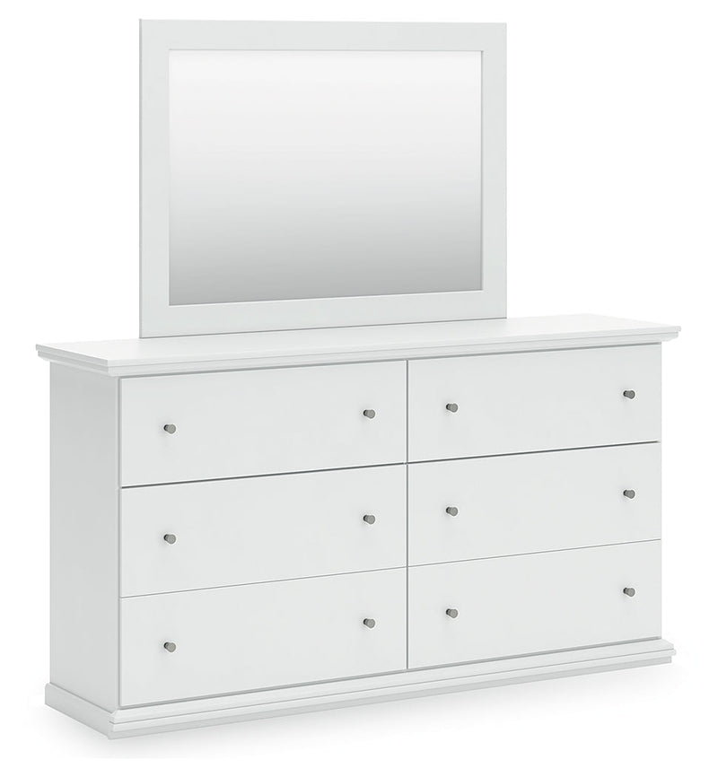 Bostwick Shoals King Panel Bed with Mirrored Dresser and Nightstand in White from Ashley - DMV Furniture