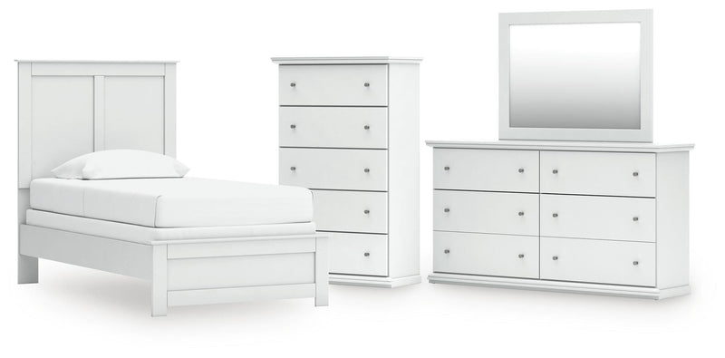 Bostwick Shoals Twin Panel Bed, Dresser, Mirror and Chest in White - PKG021559