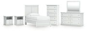 Bostwick Shoals Twin Panel Bed, Dresser, Mirror, Chest and 2 Nightstands in White - PKG021557