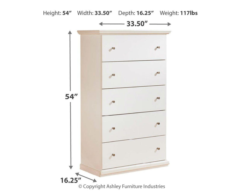 Bostwick Shoals Twin Panel Bed, Dresser, Mirror, Chest and 2 Nightstands in White - PKG021557