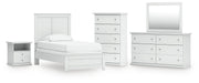 Bostwick Shoals Twin Panel Bed, Dresser, Mirror, Chest and Nightstand in White - PKG021560