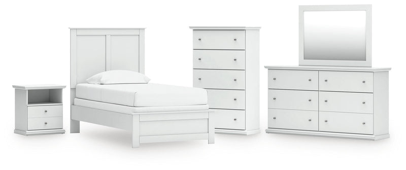 Bostwick Shoals Twin Panel Bed, Dresser, Mirror, Chest and Nightstand in White - PKG021560