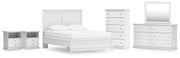 Bostwick Shoals White Queen Panel Bed with Mirrored Dresser, Chest and 2 Nightstands - B139B49
