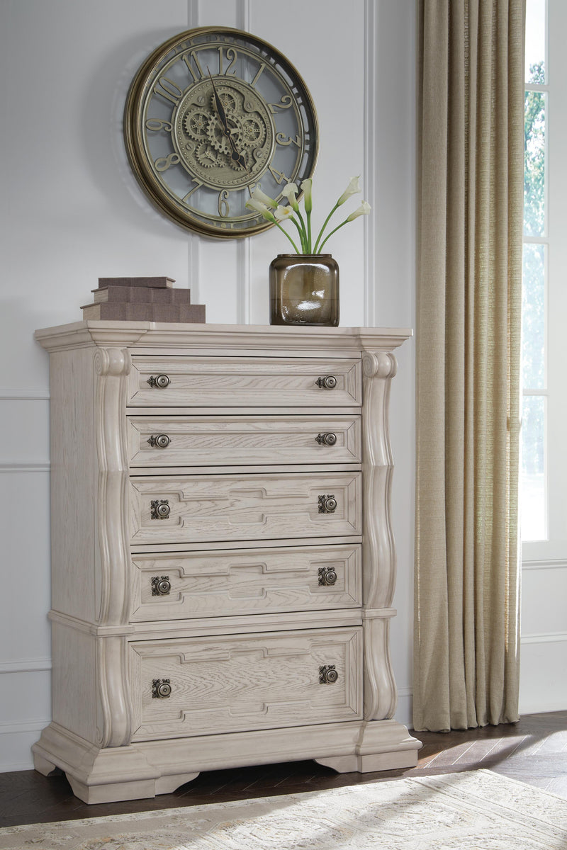 Bruchandi California King Upholstered Panel Bed with Dresser and Chest in Antique White - PKG023754
