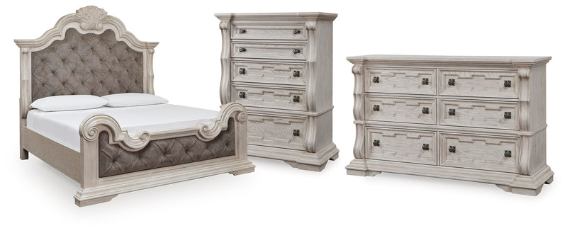 Bruchandi California King Upholstered Panel Bed with Dresser and Chest in Antique White - PKG023754