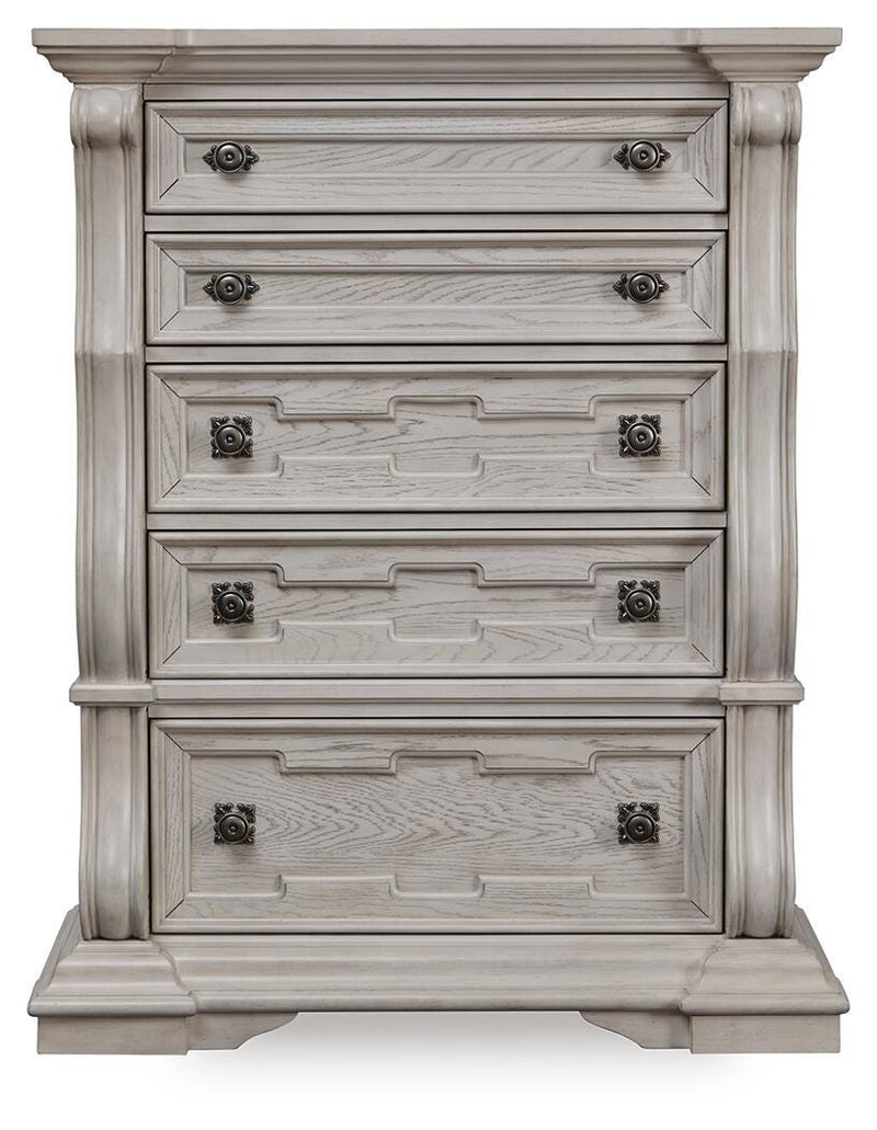 Bruchandi California King Upholstered Panel Bed with Dresser and Chest in Antique White - PKG023754