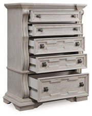 Bruchandi California King Upholstered Panel Bed with Dresser and Chest in Antique White - PKG023754
