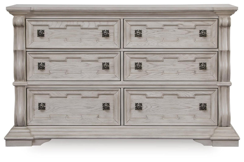 Bruchandi California King Upholstered Panel Bed with Dresser and Nightstand in Antique White - PKG023753