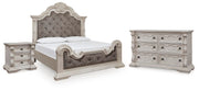 Bruchandi California King Upholstered Panel Bed with Dresser and Nightstand in Antique White - PKG023753