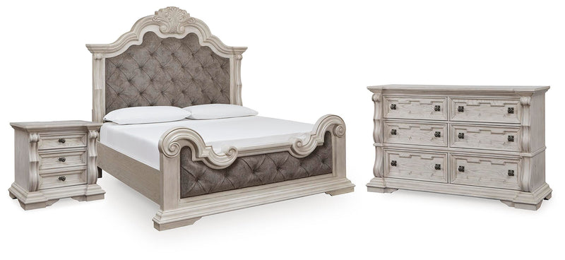 Bruchandi California King Upholstered Panel Bed with Dresser and Nightstand in Antique White - PKG023753