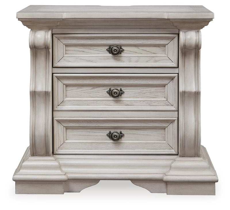 Bruchandi California King Upholstered Panel Bed with Dresser and Nightstand in Antique White - PKG023753