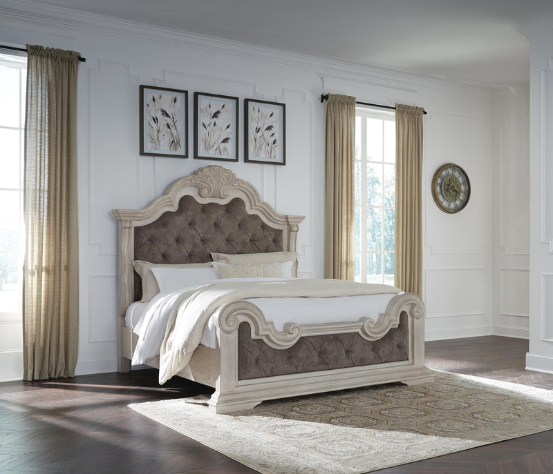 Bruchandi California King Upholstered Panel Bed with Dresser in Antique White - PKG023750
