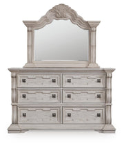 Bruchandi California King Upholstered Panel Bed with Mirrored Dresser and Nightstand in Antique White - PKG023752