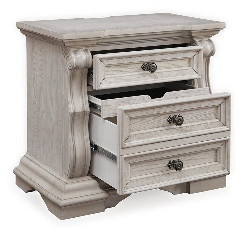 Bruchandi California King Upholstered Panel Bed with Mirrored Dresser and Nightstand in Antique White - PKG023752