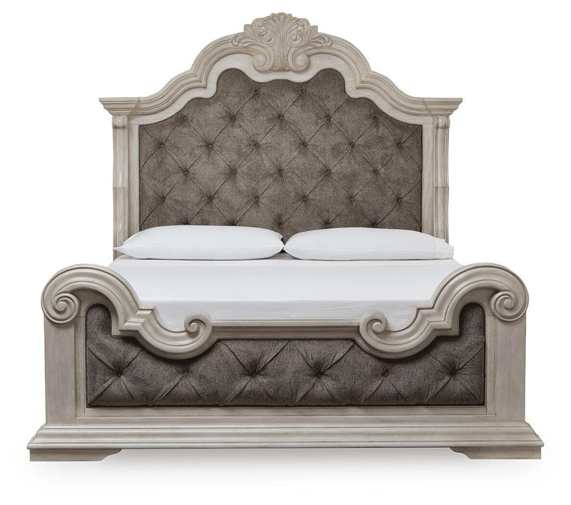 Bruchandi California King Upholstered Panel Bed with Mirrored Dresser and Nightstand in Antique White - PKG023752