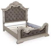 Bruchandi California King Upholstered Panel Bed with Mirrored Dresser and Nightstand in Antique White - PKG023752