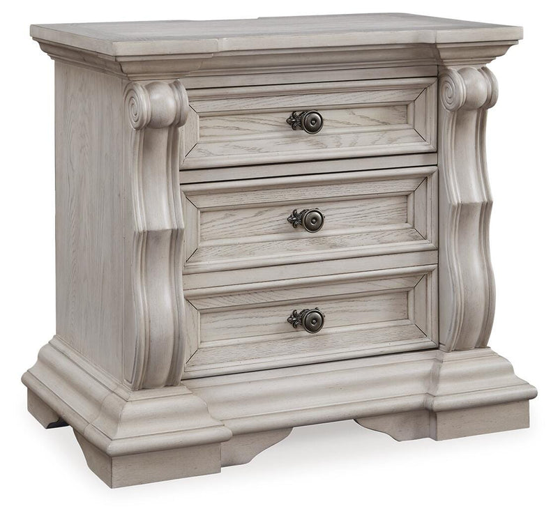 Bruchandi California King Upholstered Panel Bed with Mirrored Dresser and Nightstand in Antique White - PKG023752