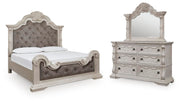 Bruchandi California King Upholstered Panel Bed with Mirrored Dresser in Antique White - PKG023751