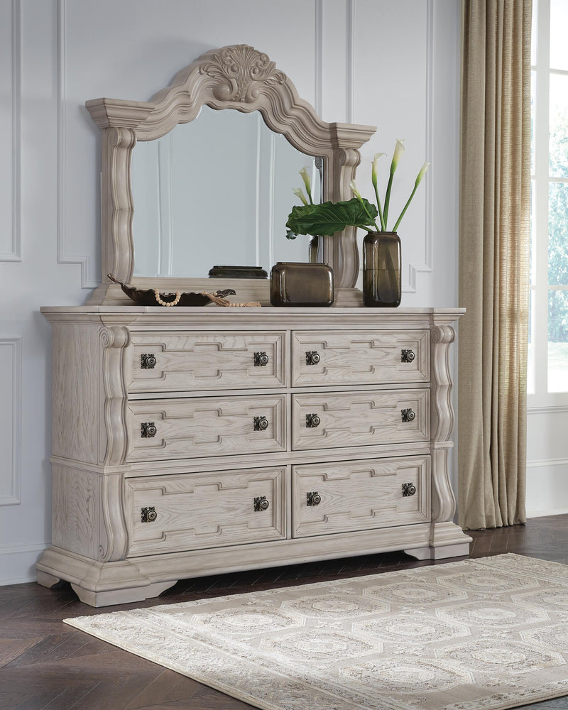 Bruchandi California King Upholstered Panel Bed with Mirrored Dresser in Antique White - PKG023751