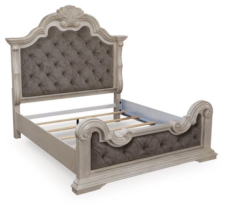Bruchandi King Upholstered Panel Bed with Dresser and Chest in Antique White - PKG023749