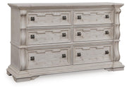 Bruchandi King Upholstered Panel Bed with Dresser and Chest in Antique White - PKG023749