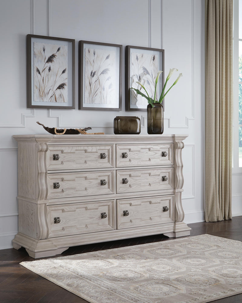 Bruchandi King Upholstered Panel Bed with Dresser and Nightstand in Antique White - PKG023748