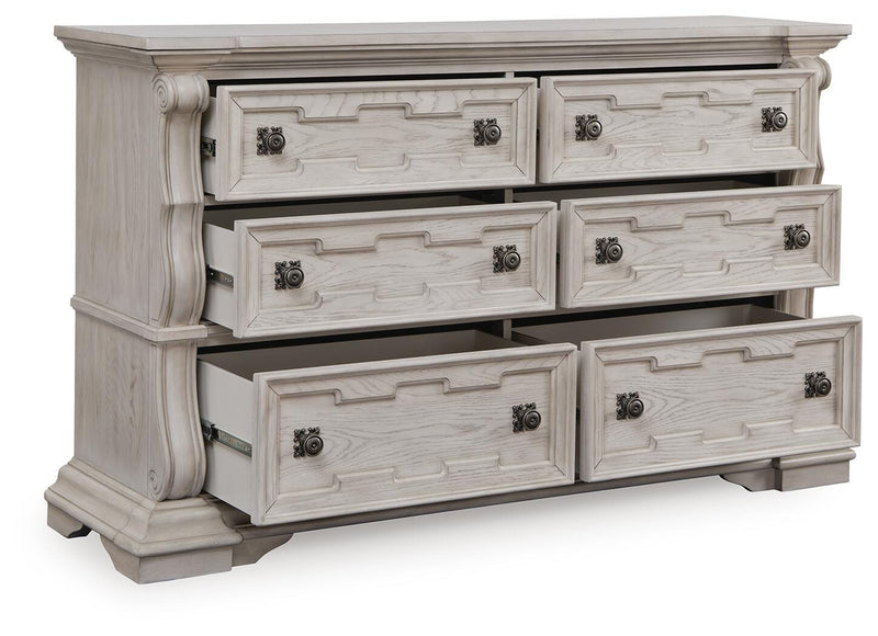 Bruchandi King Upholstered Panel Bed with Dresser and Nightstand in Antique White - PKG023748
