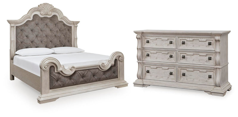 Bruchandi King Upholstered Panel Bed with Dresser in Antique White - PKG023745